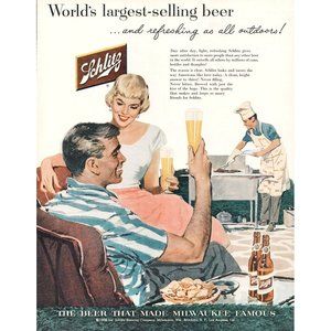 1956 Schlitz Beer Vintage Print Ad Blonde Pink Skirt Backyard BBQ Grill Grilling